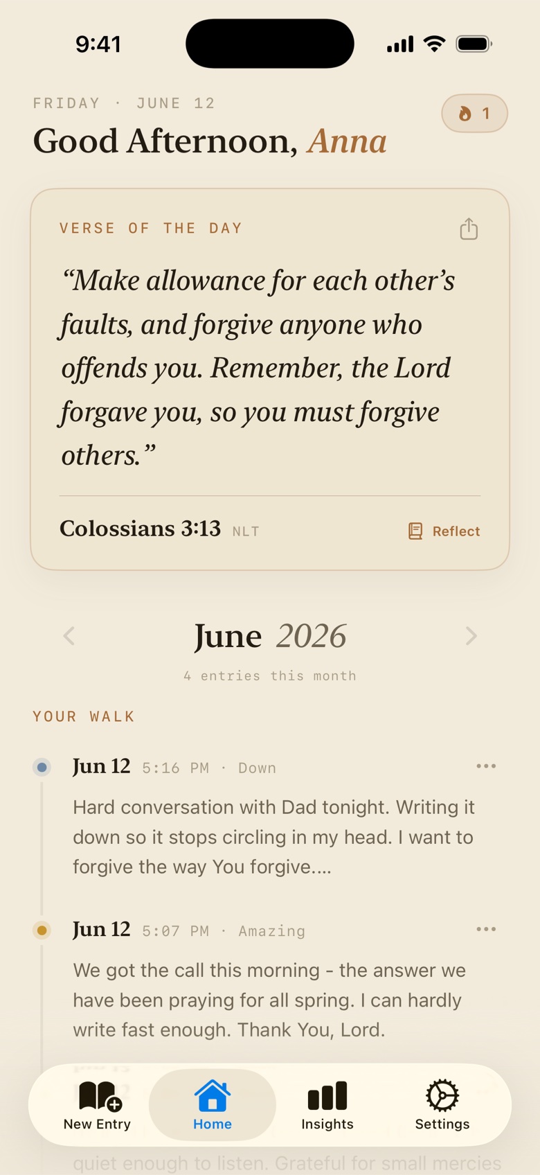 Walk With Jesus home screen — Verse of the day above a journal timeline with moods