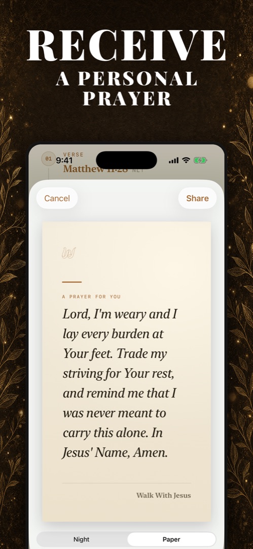 Receive a personal prayer — first-person prayer card in the Walk With Jesus prayer journal app