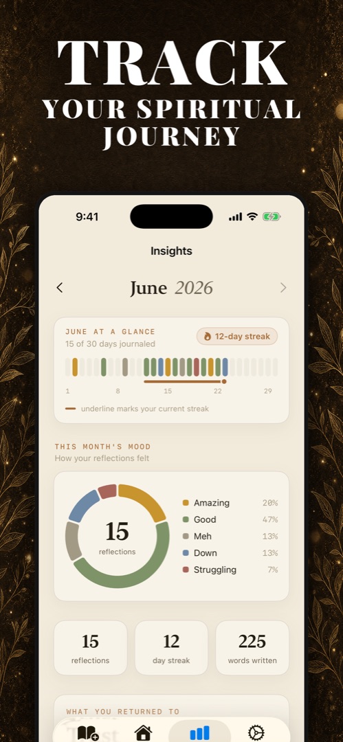 Track your spiritual journey — Insights with mood ring, journaling streak, and monthly stats