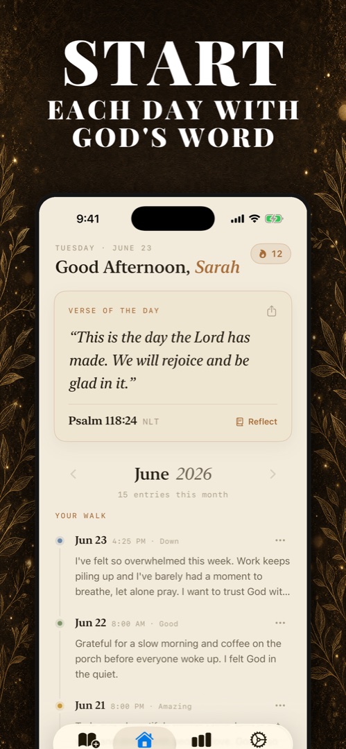 Start each day with God's Word — Verse of the Day widget and journal timeline on the home screen