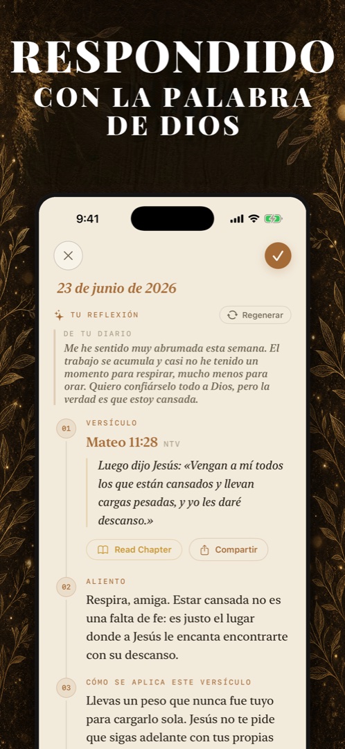 Respondido con la Palabra de Dios — una reflexión del diario sobre sentirse abrumada, respondida con Mateo 11:28, una palabra de aliento y cómo se aplica el versículo