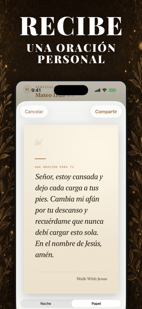 Recibe una oración personal — tarjeta de oración en primera persona en la app de diario de oración Walk With Jesus