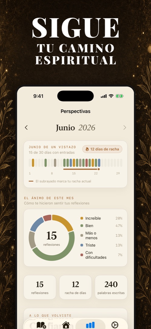 Sigue tu camino espiritual — el mes de un vistazo, racha de escritura, anillo de estados de ánimo y estadísticas mensuales