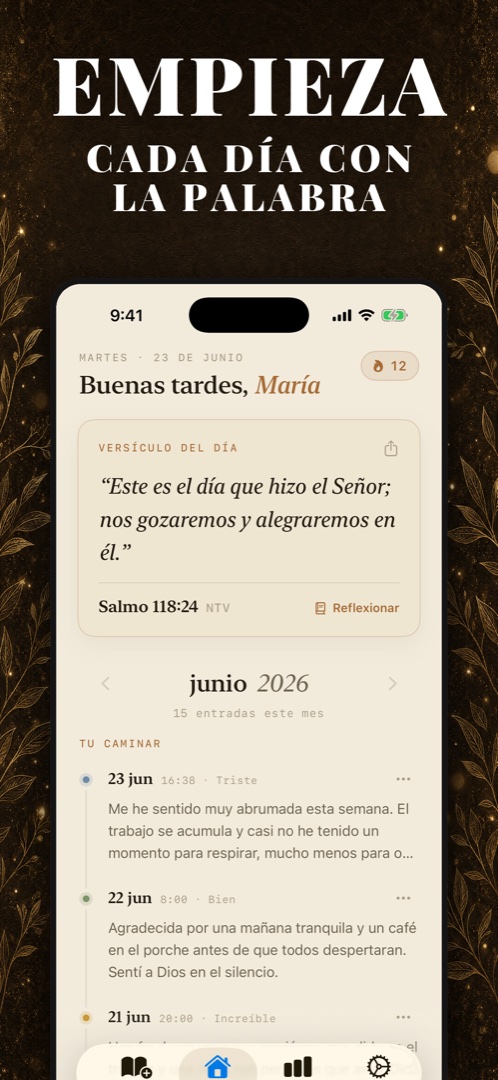 Empieza cada día con la Palabra de Dios — widget del Versículo del día y línea de tiempo del diario en la pantalla de inicio